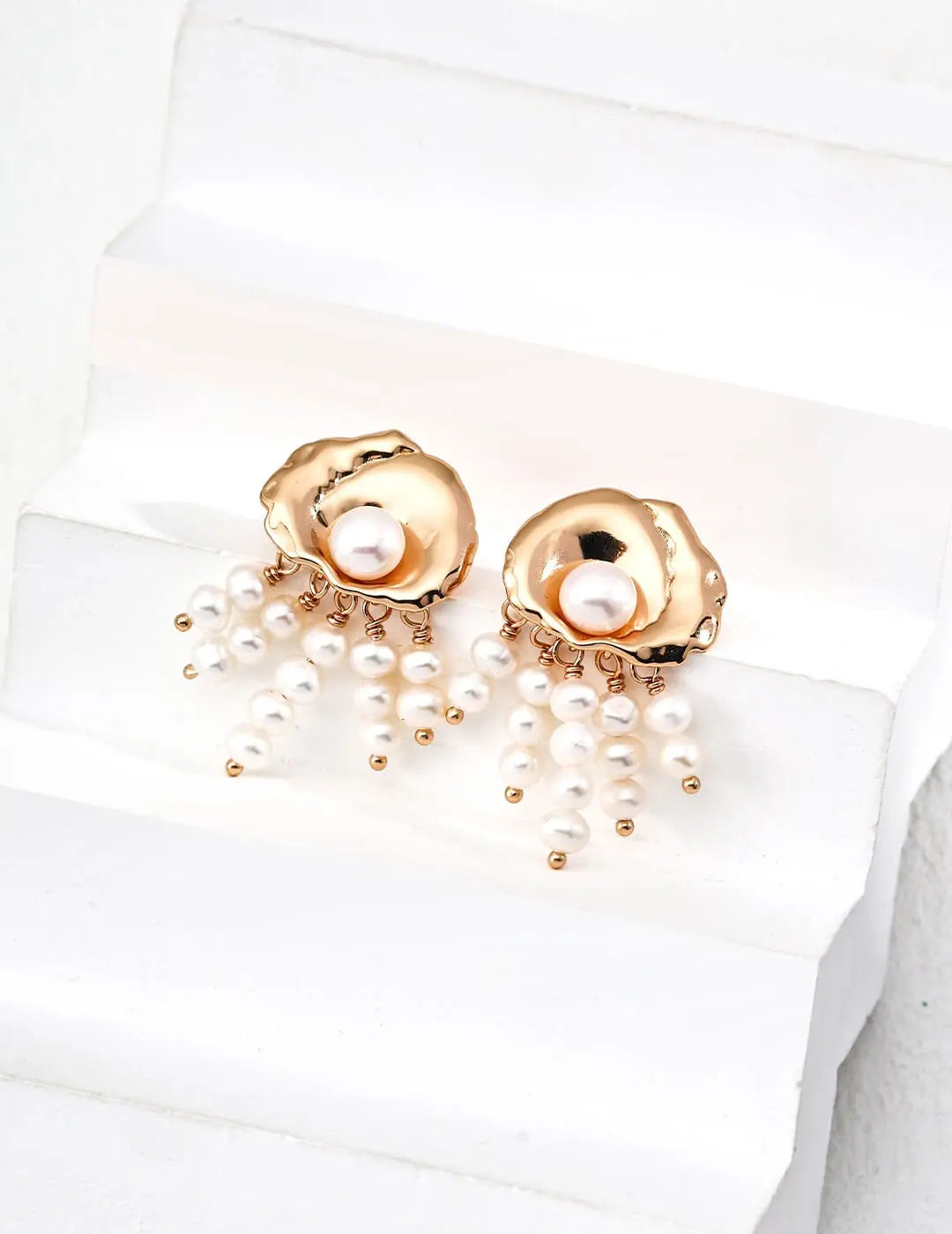 Gilded Fallen Leaf Design Pearl Earrings Glim Wink