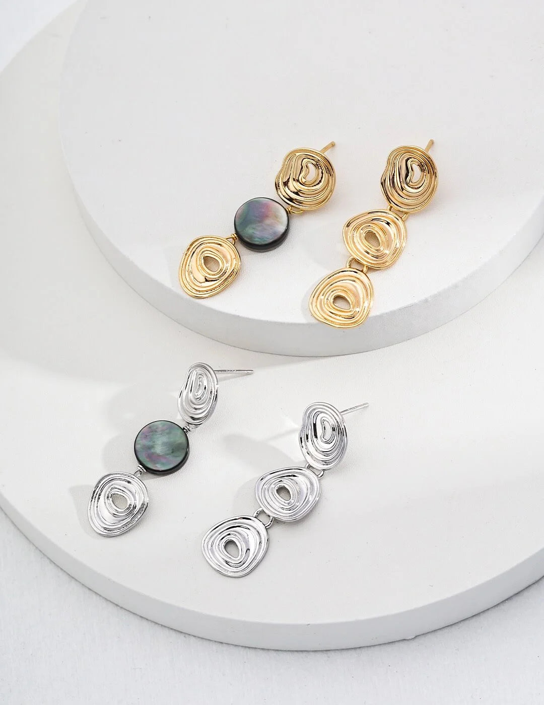 Sterling Silver Black Shell Asymmetric Earrings