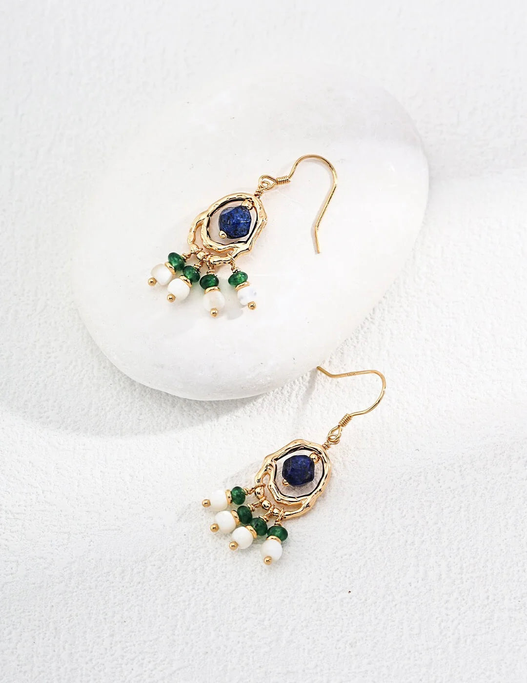 Vintage Shell Lapis Lazuli Synthetic Emerald Earrings