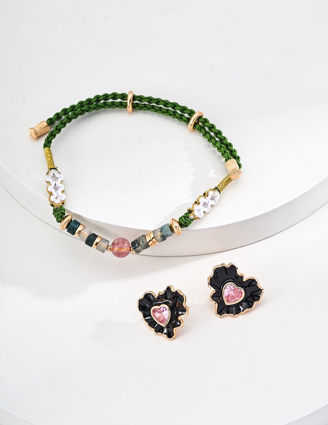 Strawberry Quartz Aquatic Agate Hemp Rope Bracelet Glim Wink