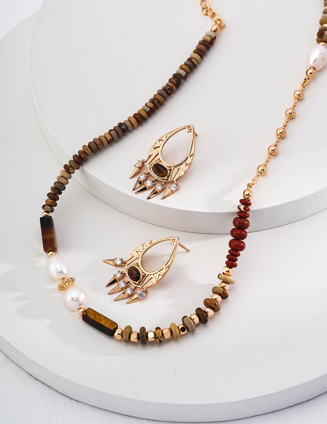 Pearl Picture Jasper Tiger's Eye Red Stone Necklace Glim Wink