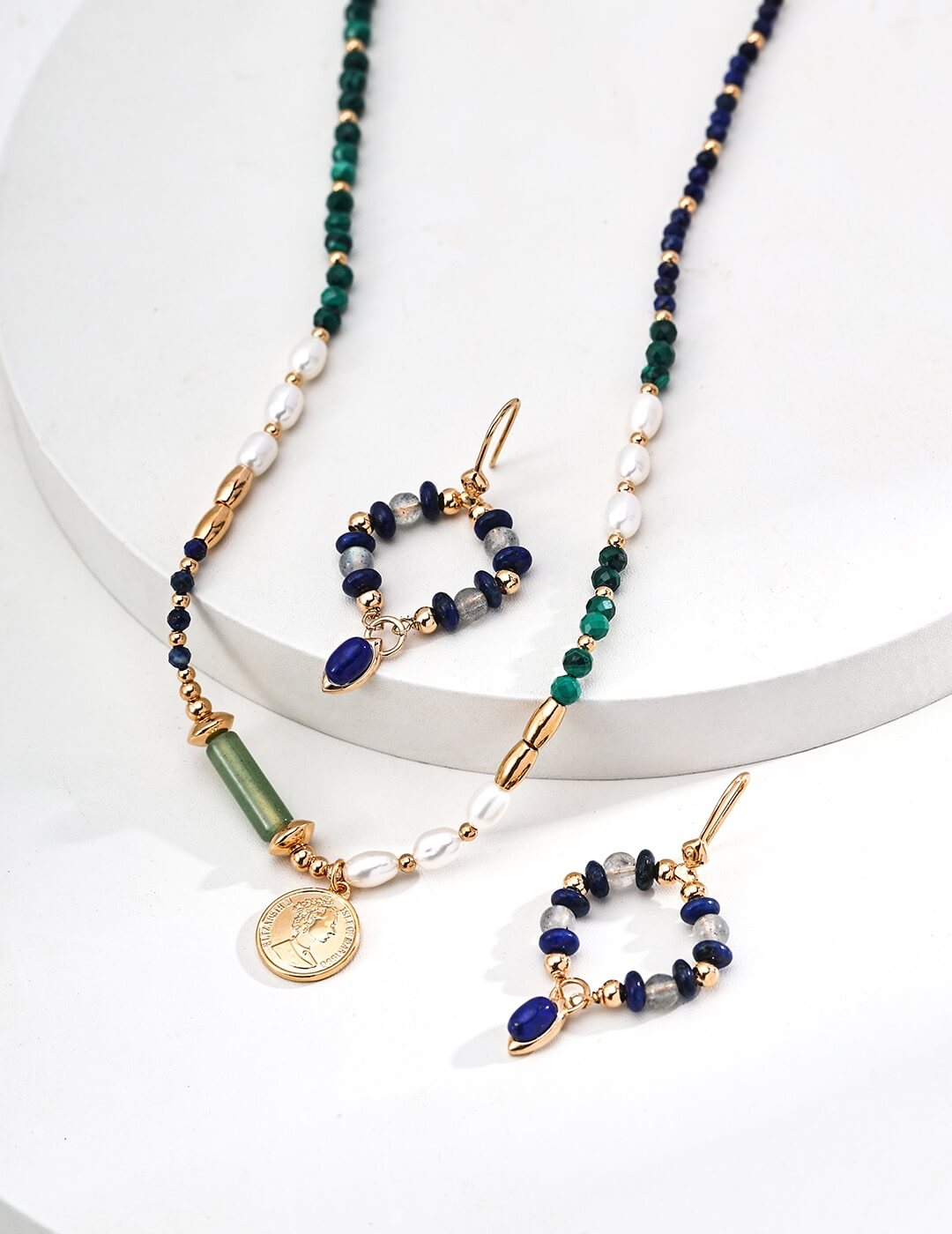 Natural Pearl Malachite Lapis Lazuli Pendant Necklace Glim Wink