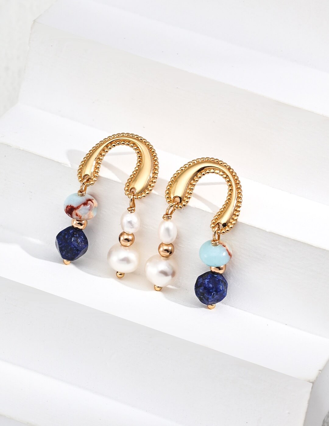 Natural Pearl Lapis Lazuli Shoushan Stone Earrings Glim Wink