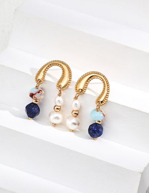 Natural Pearl Lapis Lazuli Shoushan Stone Earrings Glim Wink