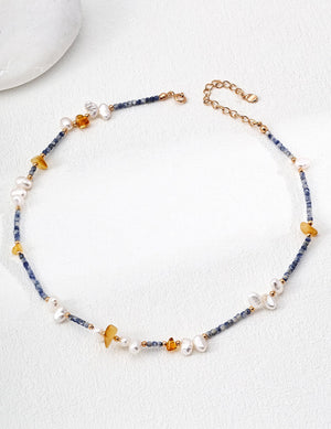 Pearl Blue Spot Stone Amber Necklace Glim Wink
